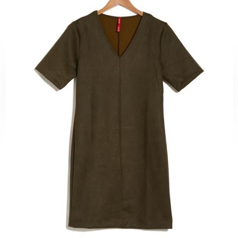 Spanx Faux Suede Short Sleeve Vneck Column Dress, Utility Green, Sz Large NWT